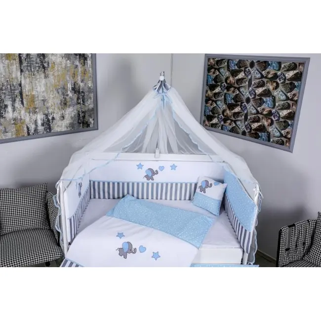 Lenjerie MyKids 9 piese Elephant gri-albastru fara baldachin 120x60 cm 00081653