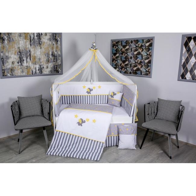 Lenjerie MyKids 9 piese Elephant gri-galben fara baldachin 120x60 cm 00081655