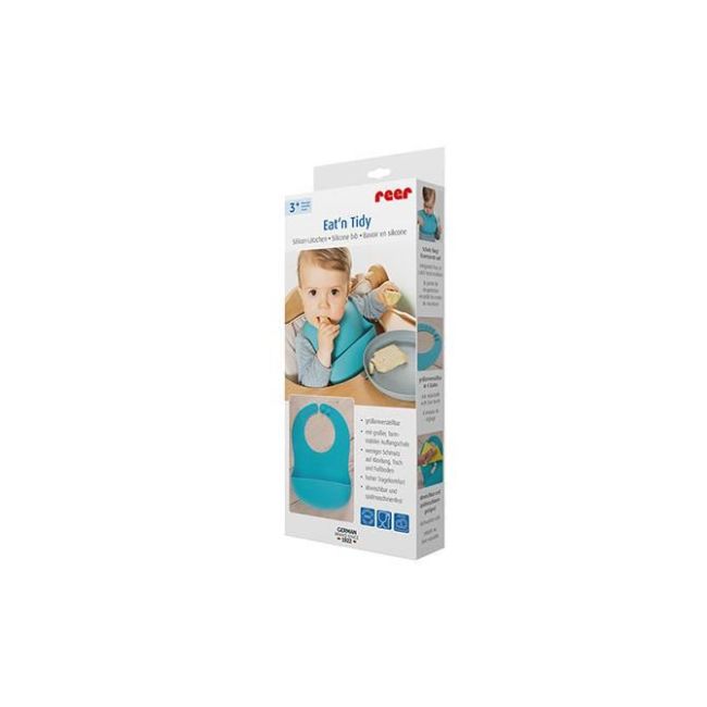 Bavetica din silicon moale cu buzunar colector pentru bebelusi, antibacteriana, reglabila, albastra, Reer Eat`n Tidy 25033