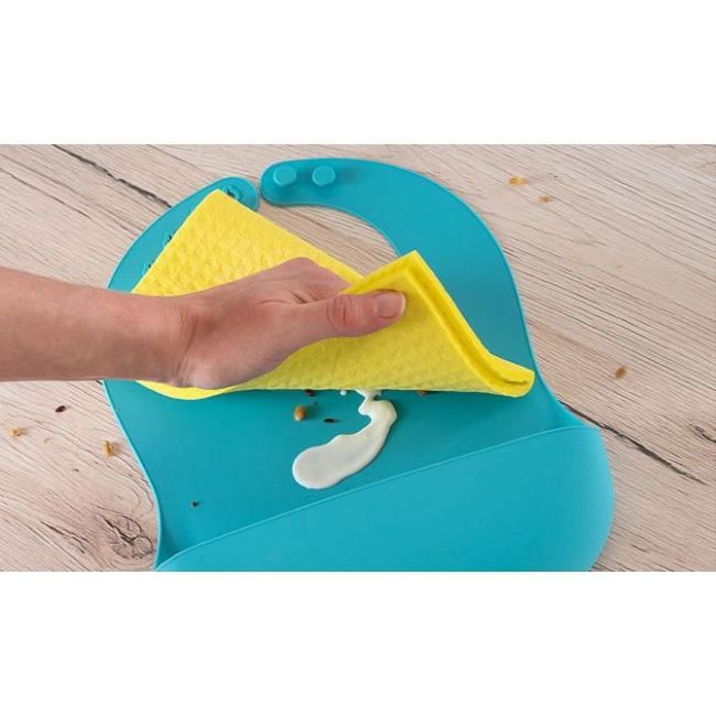 Bavetica din silicon moale cu buzunar colector pentru bebelusi, antibacteriana, reglabila, albastra, Reer Eat`n Tidy 25033