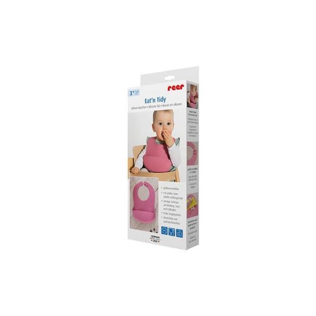 Bavetica din silicon moale cu buzunar colector pentru bebelusi, antibacteriana, reglabila, roz, Reer Eat`n Tidy 25044