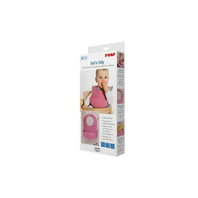 Bavetica din silicon moale cu buzunar colector pentru bebelusi, antibacteriana, reglabila, roz, Reer Eat`n Tidy 25044