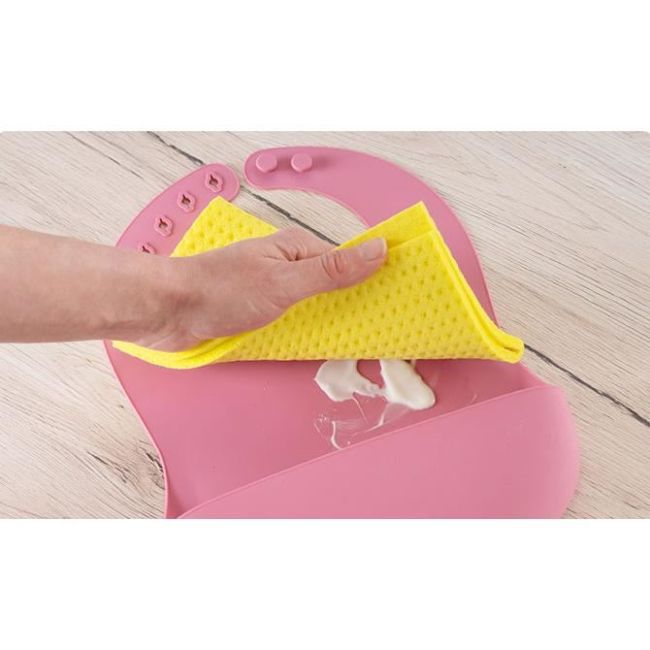 Bavetica din silicon moale cu buzunar colector pentru bebelusi, antibacteriana, reglabila, roz, Reer Eat`n Tidy 25044