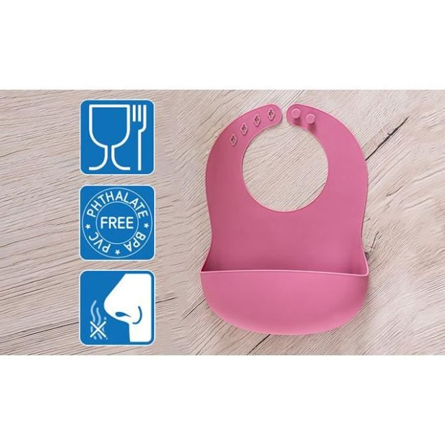 Bavetica din silicon moale cu buzunar colector pentru bebelusi, antibacteriana, reglabila, roz, Reer Eat`n Tidy 25044
