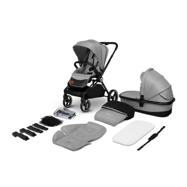 Lionelo - Carucior compact Mika, 2 in 1, Cadru din aluminiu, Cu landou intarit si salteluta moale, Reversibil, Maner ajustabil, Huse pentru picioare, Plasa de tantari, Husa de ploaie, Pana la 22 kg, Gri Deschis BYNLO-MIKA_2IN1_GREY_STONE