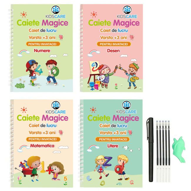 Set 4 caiete in limba romana si stilou magic pentru scris si desenat, rechizite scolare, multicolor, 19 cm X 13 cm SUPKC_SCR4_ROM