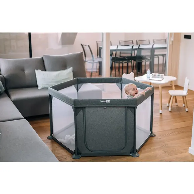 Tarc de joaca pentru bebe, Hexagonal, Cu 4 manere, Intrare cu fermoar, Cu geanta de transport, 117 x 67 x 67 cm, FreeON, Grey BYN44459