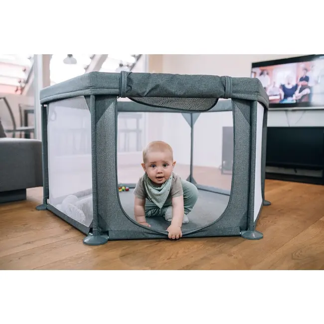 Tarc de joaca pentru bebe, Hexagonal, Cu 4 manere, Intrare cu fermoar, Cu geanta de transport, 117 x 67 x 67 cm, FreeON, Grey BYN44459