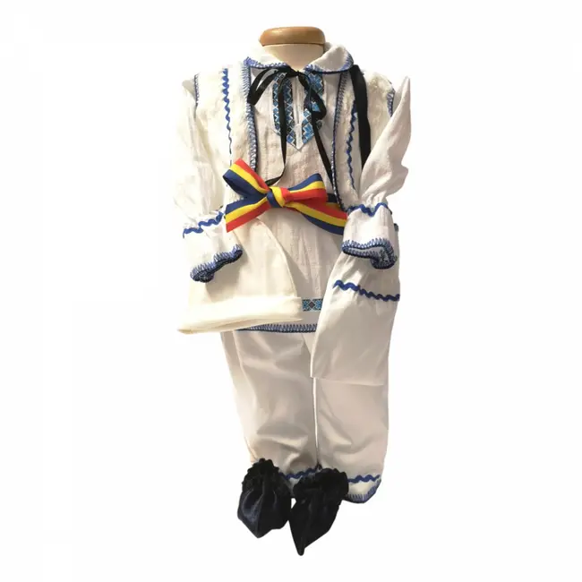 Costum popular botez baiat, broderie albastra, Denikos&reg; 677-D NIK5709