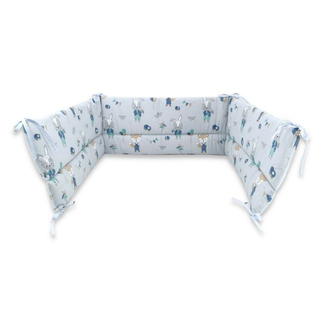 Qmini - Aparatoare pentru patut 120X60 cm, Din bumbac, 180x30 cm, Cu panglici, Fox and Rabbit, Blue BYN6426972015295