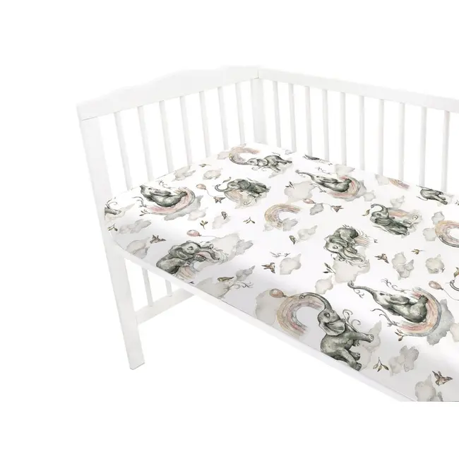 Qmini - Cearceaf cu elastic pentru patut 140x70 cm, Din bumbac, Elephants on Rainbow BYN6426972015233