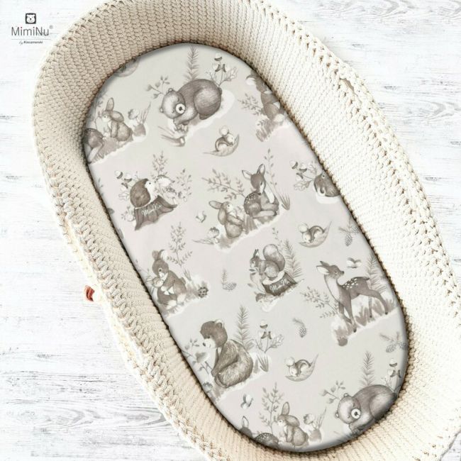 MimiNu - Cearceaf cu elastic pentru landou, carucior si cosulet, Dimensiune 80x45 cm, Din bumbac, Design, Calm Forest Beige BYN6426972013666