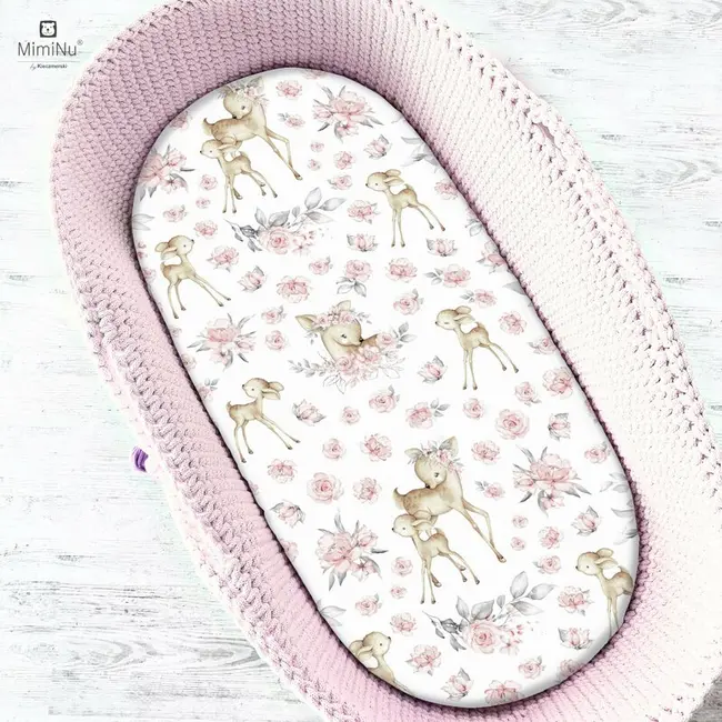MimiNu - Cearceaf cu elastic pentru landou, carucior si cosulet, Dimensiune 80x45 cm, Din bumbac, Sweet Deer Pink BYN6426972013598