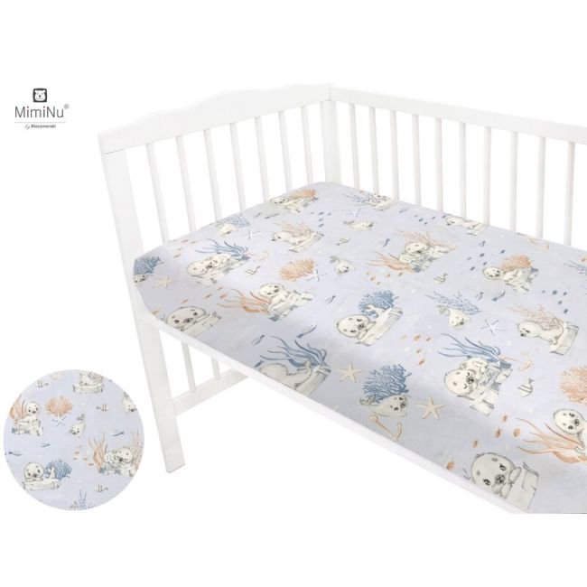 MimiNu - Cearceaf cu elastic pentru patut leagan sau patut co-sleeper, Dimensiune 90x40 cm, Din bumbac, Design, Seal Blue BYN6426972013864