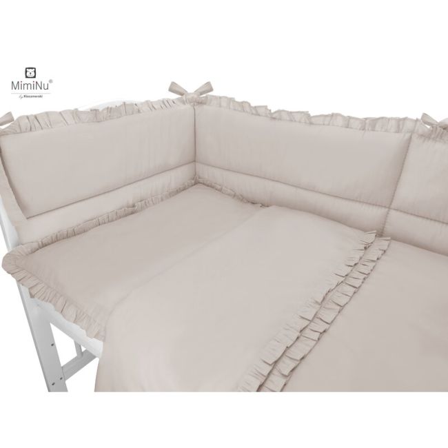 MimiNu - Lenjerie patut cu 4 piese, Cu doua protectii laterale, Cu volanase, Colectia Royal, Beige, Din bumbac, Pentru patut 120x60 cm BYN6426972014731