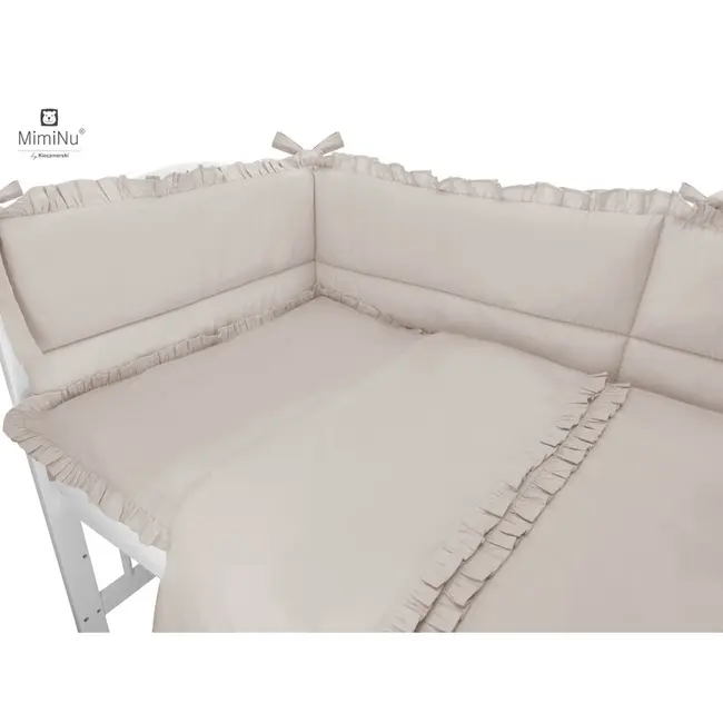 MimiNu - Lenjerie patut cu 4 piese, Cu doua protectii laterale, Cu volanase, Colectia Royal, Beige, Din bumbac, Pentru patut 120x60 cm BYN6426972014731