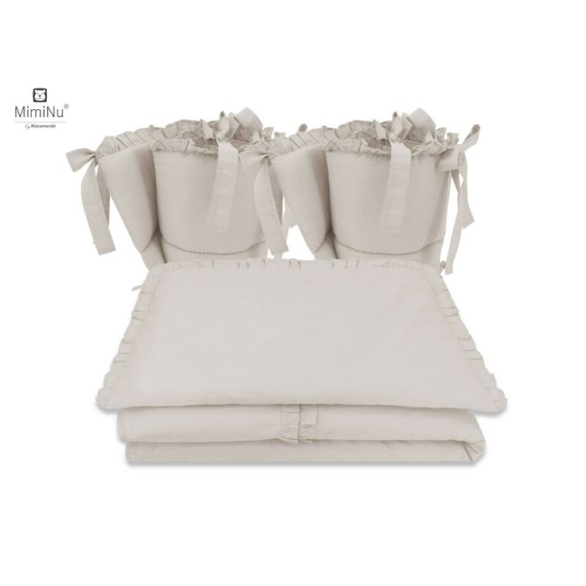 MimiNu - Lenjerie patut cu 4 piese, Cu doua protectii laterale, Cu volanase, Colectia Royal, Beige, Din bumbac, Pentru patut 120x60 cm BYN6426972014731