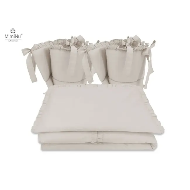 MimiNu - Lenjerie patut cu 4 piese, Cu doua protectii laterale, Cu volanase, Colectia Royal, Beige, Din bumbac, Pentru patut 120x60 cm BYN6426972014731