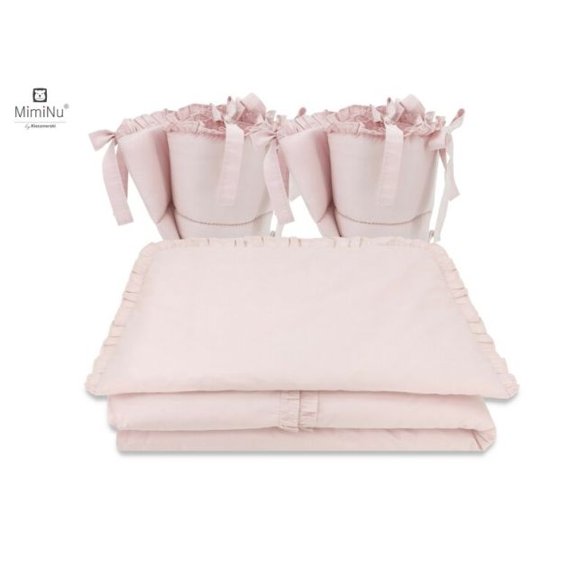 MimiNu - Lenjerie patut cu 4 piese, Cu doua protectii laterale, Cu volanase, Colectia Royal, Powder Pink, Din bumbac, Pentru patut 120x60 cm BYN6426972014748