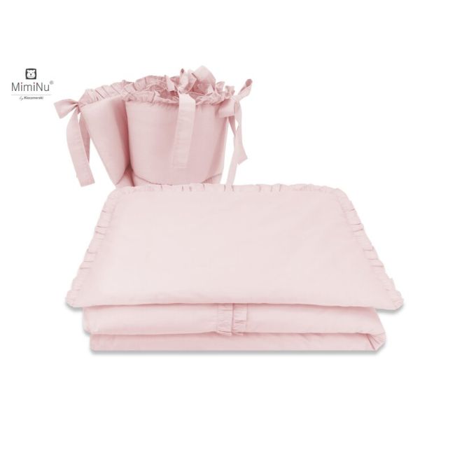 MimiNu - Lenjerie patut cu 4 piese, Cu doua protectii laterale, Cu volanase, Colectia Royal, Powder Pink, Din bumbac, Pentru patut 120x60 cm BYN6426972014748