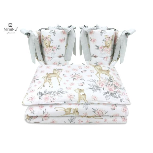 MimiNu - Lenjerie patut cu 4 piese, Cu doua protectii laterale, Sweet Deer Pink, Din bumbac, Pentru patut 120x60 cm BYN6426972014694