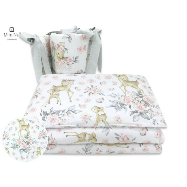 MimiNu - Lenjerie patut cu 4 piese, Cu doua protectii laterale, Sweet Deer Pink, Din bumbac, Pentru patut 120x60 cm BYN6426972014694