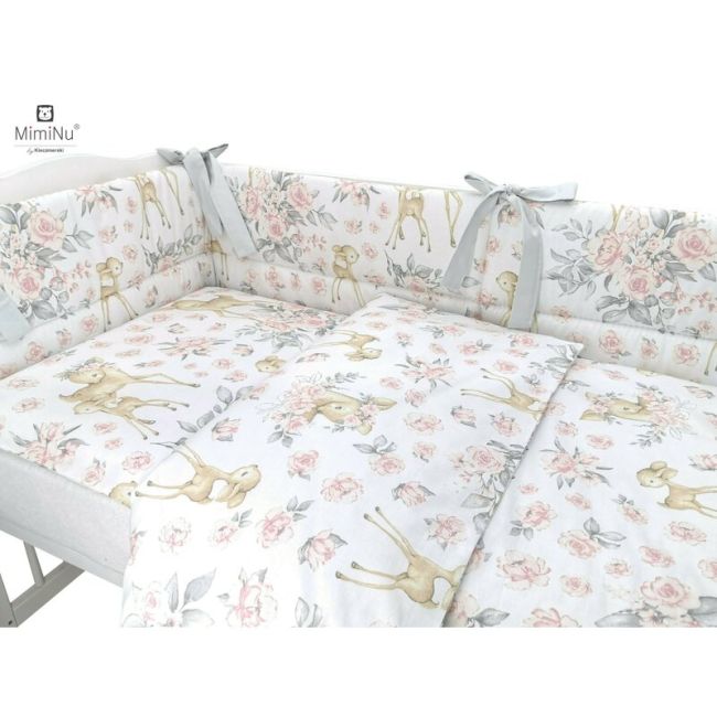 MimiNu - Lenjerie patut cu 4 piese, Cu doua protectii laterale, Sweet Deer Pink, Din bumbac, Pentru patut 120x60 cm BYN6426972014694