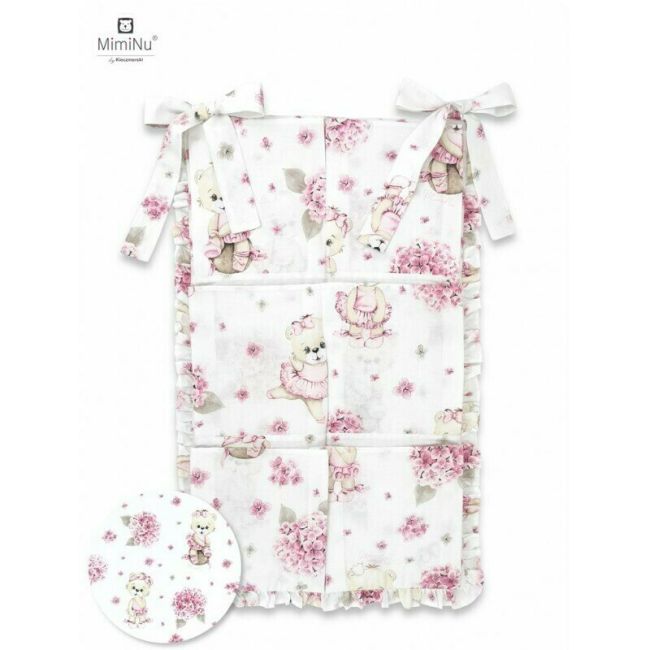 MimiNu - Organizator pentru patut, Din bumbac, Cu 6 compartimente, Cu doua panglici, 70x40 cm, Cu volanase, Design, Pink Ballerina BYN6426972014427