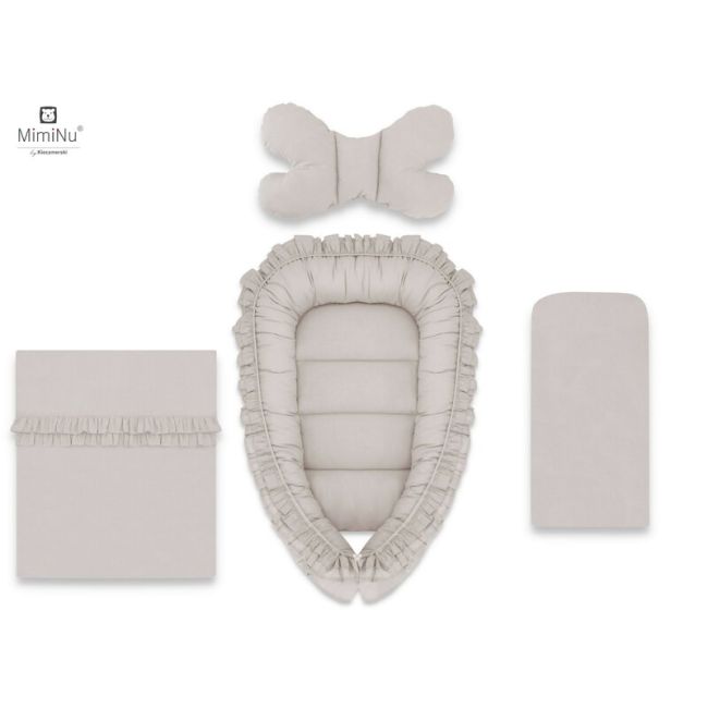 MimiNu - Set 4 in 1 Cosulet bebelus Baby Cocoon 90x50 cm, Cu volanase, Husa 100% bumbac, Cu paturica cu volanase 50x70 cm, Cu salteluta 60x32 cm, Cu perna fluture 40x27 cm, Colectia Royal, Beige BYN6426972012553