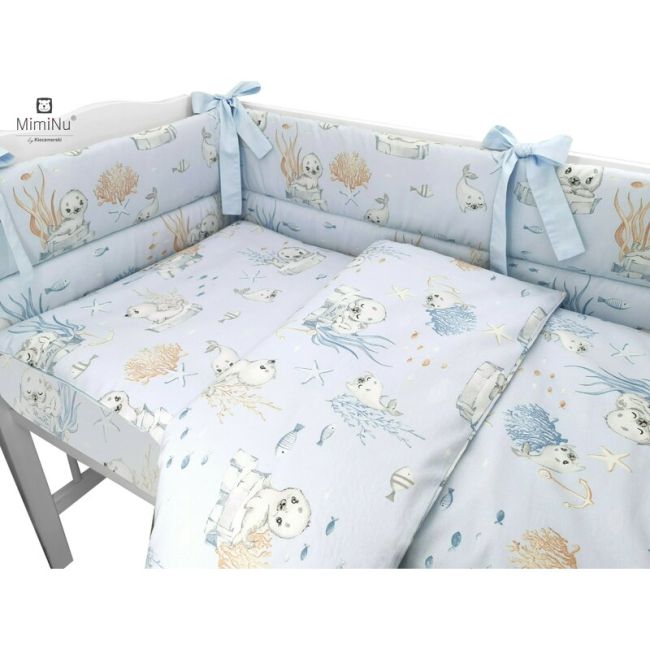 MimiNu - Set lenjerie patut cu 6 piese, Cu pilota si perna, Cu doua aparatori laterale, Din bumbac, Pentru patut 120x60 cm, Design, Seal Blue BYN6426972015035