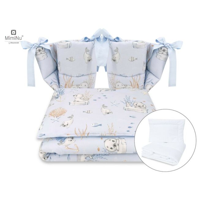 MimiNu - Set lenjerie patut cu 6 piese, Cu pilota si perna, Cu doua aparatori laterale, Din bumbac, Pentru patut 120x60 cm, Design, Seal Blue BYN6426972015035