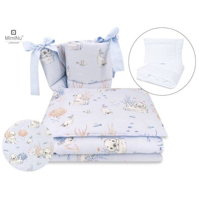 MimiNu - Set lenjerie patut cu 6 piese, Cu pilota si perna, Cu doua aparatori laterale, Din bumbac, Pentru patut 120x60 cm, Design, Seal Blue BYN6426972015035