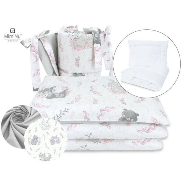 MimiNu - Set lenjerie patut cu 6 piese, Cu pilota si perna, Cu doua aparatori laterale, Din bumbac, Pentru patut 120x60 cm, Lulu Rose BYN6426972015004