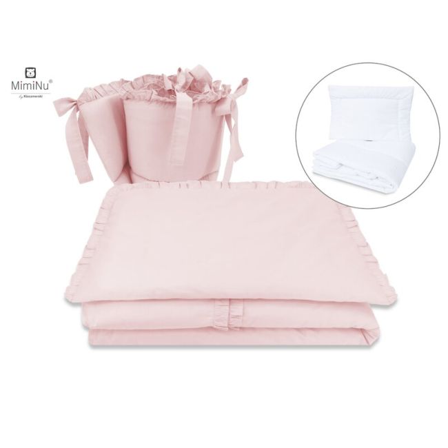 MimiNu - Set lenjerie patut cu 6 piese, Cu volanase, Cu pilota si perna, Cu doua aparatori laterale, Din bumbac, Pentru patut 120x60 cm, Colectia Royal, Powder Pink BYN6426972014939
