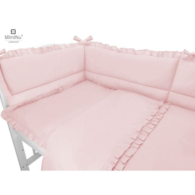 MimiNu - Set lenjerie patut cu 6 piese, Cu volanase, Cu pilota si perna, Cu doua aparatori laterale, Din bumbac, Pentru patut 120x60 cm, Colectia Royal, Powder Pink BYN6426972014939