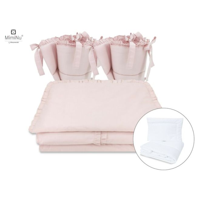 MimiNu - Set lenjerie patut cu 6 piese, Cu volanase, Cu pilota si perna, Cu doua aparatori laterale, Din bumbac, Pentru patut 120x60 cm, Colectia Royal, Powder Pink BYN6426972014939
