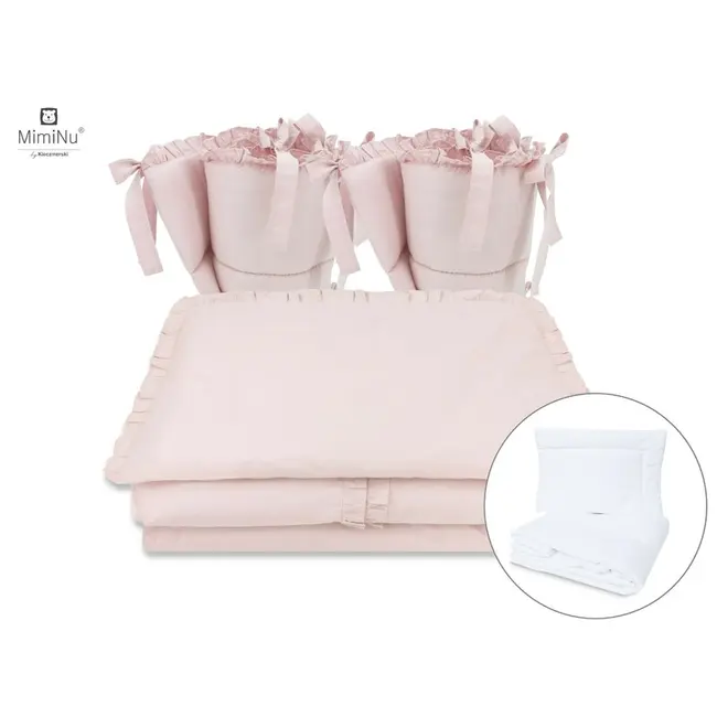 MimiNu - Set lenjerie patut cu 6 piese, Cu volanase, Cu pilota si perna, Cu doua aparatori laterale, Din bumbac, Pentru patut 120x60 cm, Colectia Royal, Powder Pink BYN6426972014939