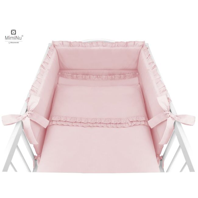 MimiNu - Set lenjerie patut cu 6 piese, Cu volanase, Cu pilota si perna, Cu doua aparatori laterale, Din bumbac, Pentru patut 120x60 cm, Colectia Royal, Powder Pink BYN6426972014939