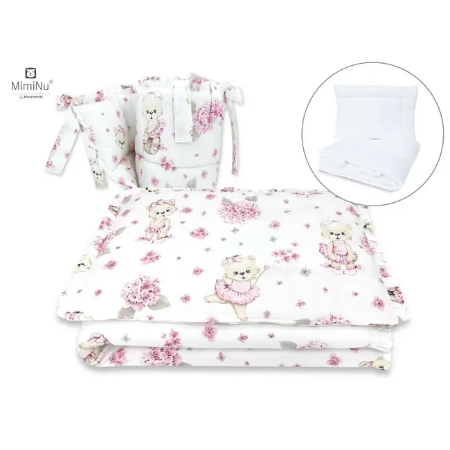 MimiNu - Set lenjerie patut cu 6 piese, Cu volanase, Cu pilota si perna, Cu doua aparatori laterale, Din bumbac, Pentru patut 120x60 cm, Design, Pink Ballerina BYN6426972014885