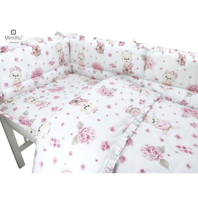 MimiNu - Set lenjerie patut cu 6 piese, Cu volanase, Cu pilota si perna, Cu doua aparatori laterale, Din bumbac, Pentru patut 120x60 cm, Design, Pink Ballerina BYN6426972014885