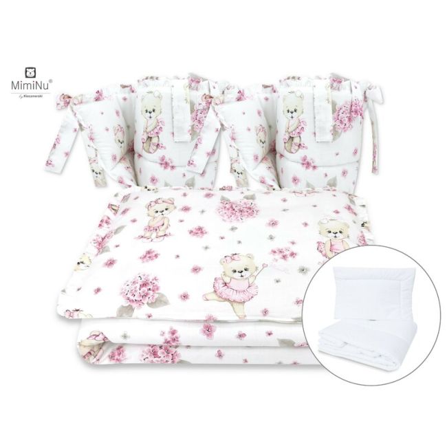 MimiNu - Set lenjerie patut cu 6 piese, Cu volanase, Cu pilota si perna, Cu doua aparatori laterale, Din bumbac, Pentru patut 120x60 cm, Design, Pink Ballerina BYN6426972014885