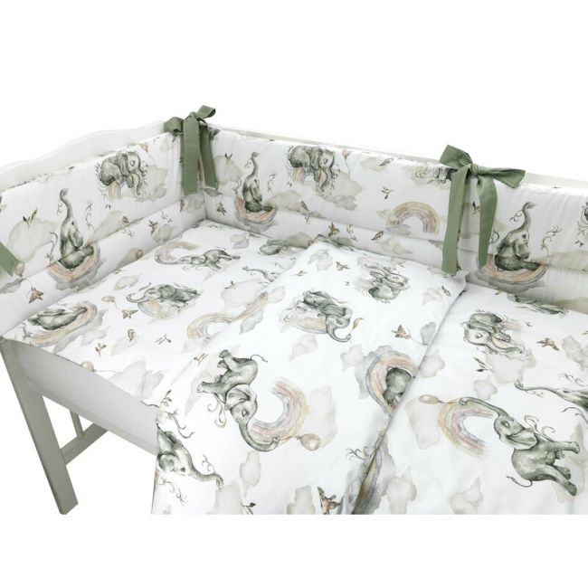 Qmini - Lenjerie patut 3 piese, Cu protectie laterala, Din bumbac, Pentru patut 140x70 cm, Elephants on Rainbow BYN6426972015479