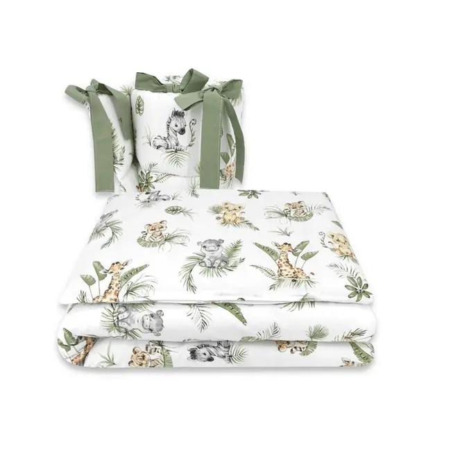 Qmini - Lenjerie patut 3 piese, Cu protectie laterala, Din bumbac, Pentru patut 140x70 cm, Safari BYN6426972015400