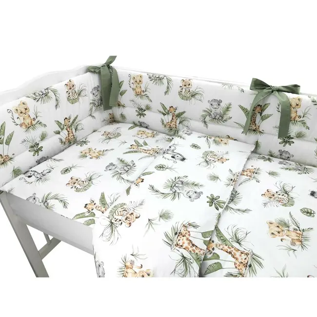 Qmini - Lenjerie patut 3 piese, Cu protectie laterala, Din bumbac, Pentru patut 140x70 cm, Safari BYN6426972015400