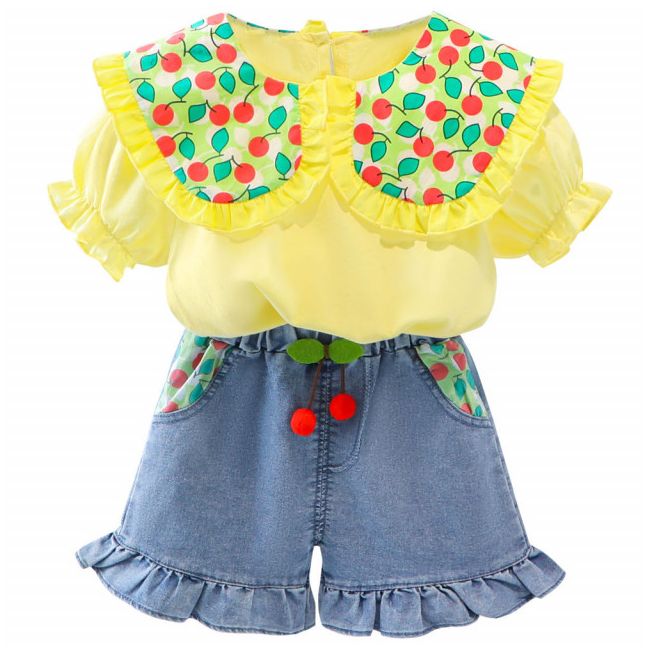 Costumas cu bluzita galbena si pantalonasi din blugi - cirese (marime disponibila: 9-12 luni (marimea 20 incaltaminte)) mbxq1899-1-dg.9-12 luni (marimea 20 incaltaminte)