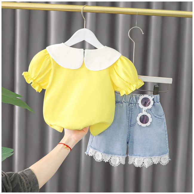 Costumas cu bluzita galbena si pantalonasi din blugi - Floricele MDXQ1966-1-dg
