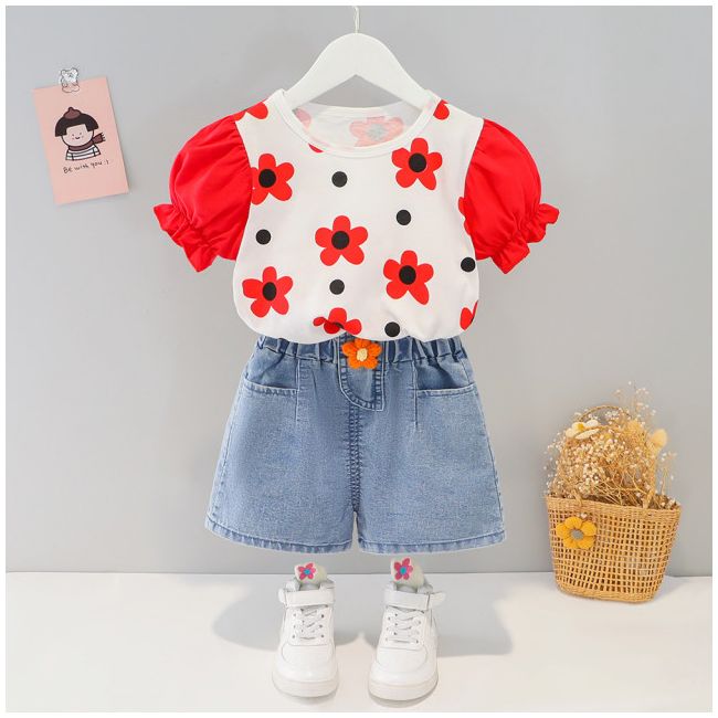 Costumas cu bluzita cu flori rosii si pantalonasi din blugi (marime disponibila: 6-9 luni (marimea 19 incaltaminte)) mbxq1895-1-dg.6-9 luni (marimea 19 incaltaminte)