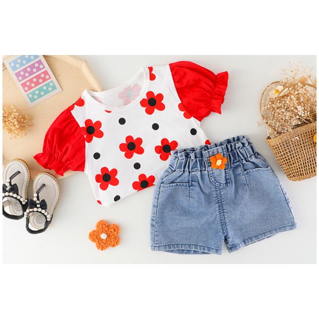 Costumas cu bluzita cu flori rosii si pantalonasi din blugi (marime disponibila: 6-9 luni (marimea 19 incaltaminte)) mbxq1895-1-dg.6-9 luni (marimea 19 incaltaminte)