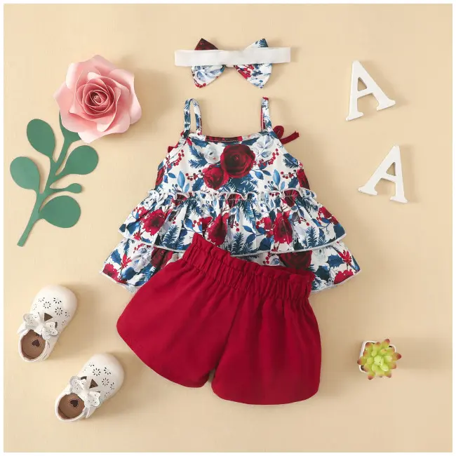 Costumas cu bluzita cu volane si pantalonasi scurti visinii (marime disponibila: 18-24 luni) mbrz020-3-de4.18-24 luni