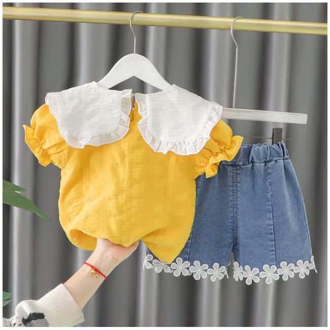 Costumas cu bluzita galben mustar si pantalonasi din blugi (marime disponibila: 9-12 luni (marimea 20 incaltaminte)) mdxq1974-1-dg.9-12 luni (marimea 20 incaltaminte)